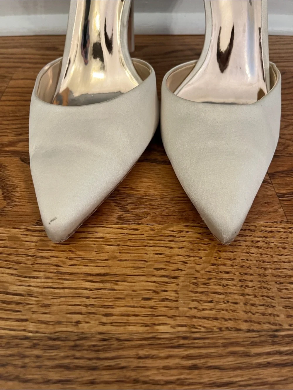 Badgley Mischka Champagne Satin Pointed-Toe Crystal Ankle-Strap Heels